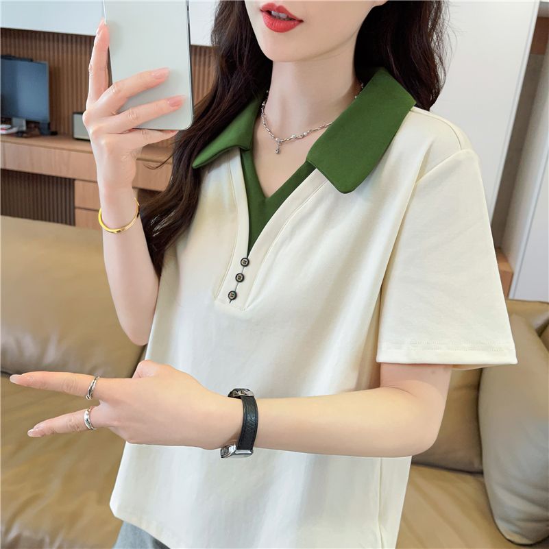 POLO 칼라 패치워크 반팔 티셔츠 여성 2026 년 새로운 자수 삽입 색상 작은 장식 맨위