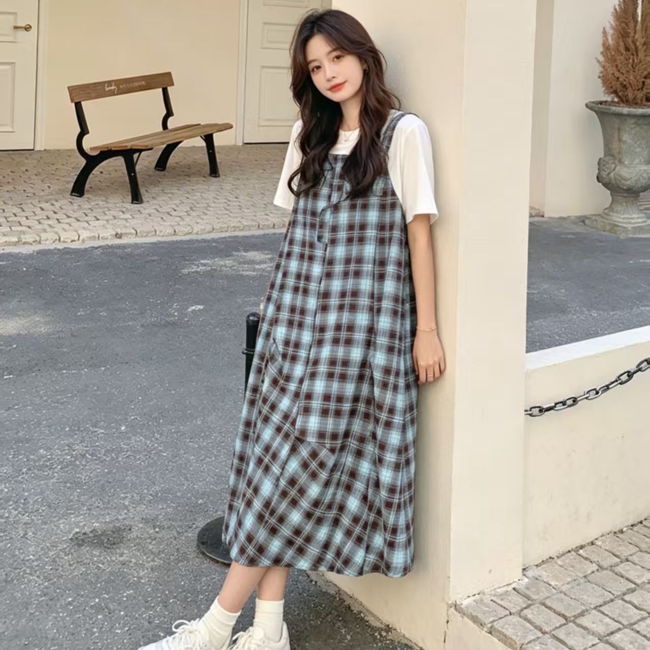 페이크 레이어드 디자인 센스 체크무늬 패치워크 여성 드레스 여름 새로운 작은 키 Chic 캐주얼 슬림해 보이는 A라인 스커트