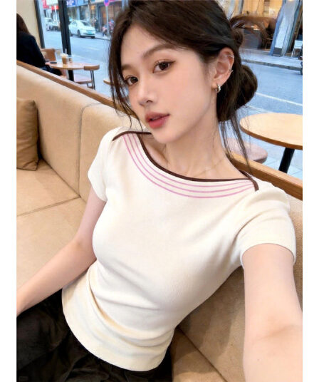 긍정적 인 어깨 배색 패치워크 다용도 몸매 가꾸기 반팔 티셔츠 여성 여름 쇼트 스타일 맨위