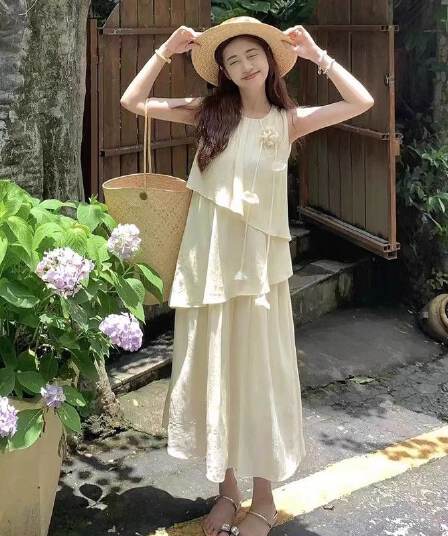 원본 것 있음 네리 불규칙 층 프릴 쉬폰 드레스 루즈핏 표지 배 아름다운 민소매 치마