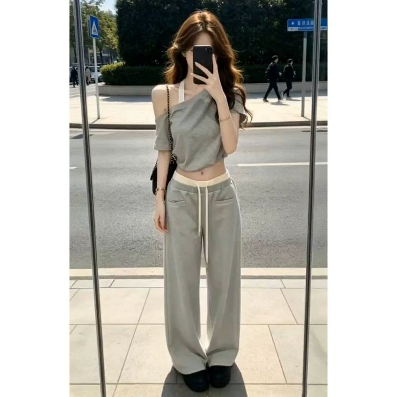 그레이트 통해보기 가져 가라. 전체 집합 2026 새로운 회색 비스듬한 어깨 의류 여성 여름 와이드 레그 팬츠 캐주얼 세트
