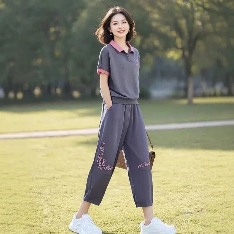 폭발 패치워크 배색 프린트 세트 여름 빅 사이즈 루즈핏 POLO 칼라 티셔츠 허리밴드 9부 바지 투피스 세트