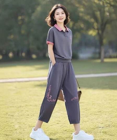 폭발 패치워크 배색 프린트 세트 여름 빅 사이즈 루즈핏 POLO 칼라 티셔츠 허리밴드 9부 바지 투피스 세트