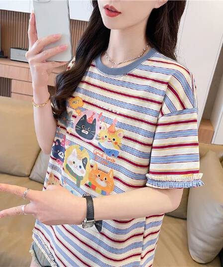 실사 5921# 라운드 넥 반팔 티셔츠 여성 명중 인터넷 새로운 프린트 싸움 플러그 색상 주름 제거 ins 맨위 여성