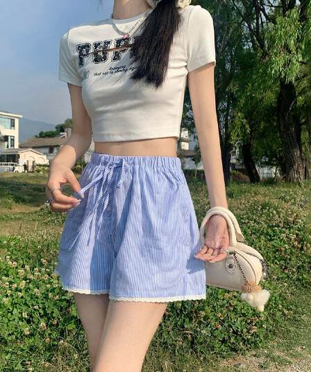 펌프 로프 수직 곡물 레이스 루즈핏 다용도 캐주얼 파란색 반바지 여성 여름 새로운 와이드 레그 팬츠