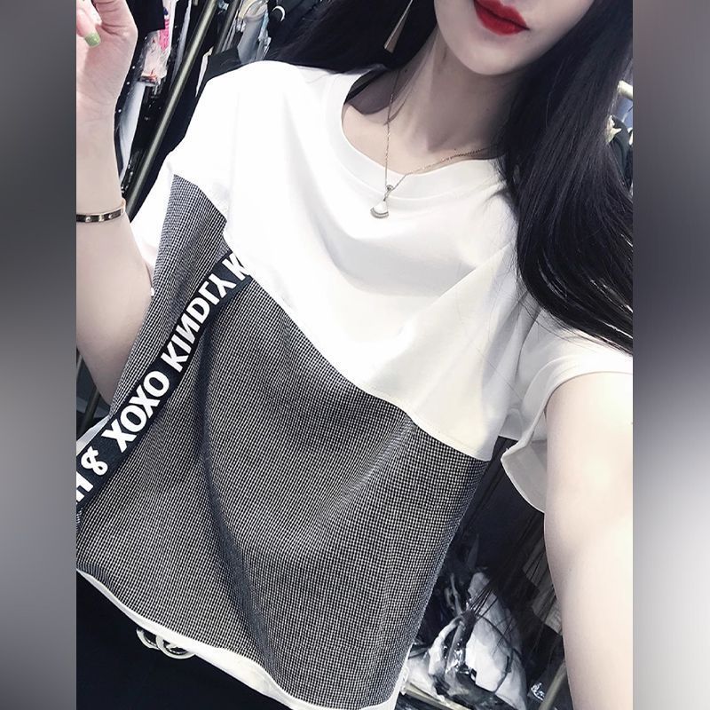 6535 면 패치워크 색상 새로운 출퇴근 반팔 여성 여름 트렌드 패션 프린트 질감 티셔츠 외국 가스 루즈핏 맨위