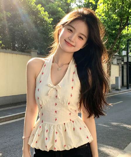 한 부서 V넥 꽃무늬 행침 목 민소매 캐미솔 여름 꽃밭 허리 수축 프릴 퍼프 쇼트 스타일 맨위