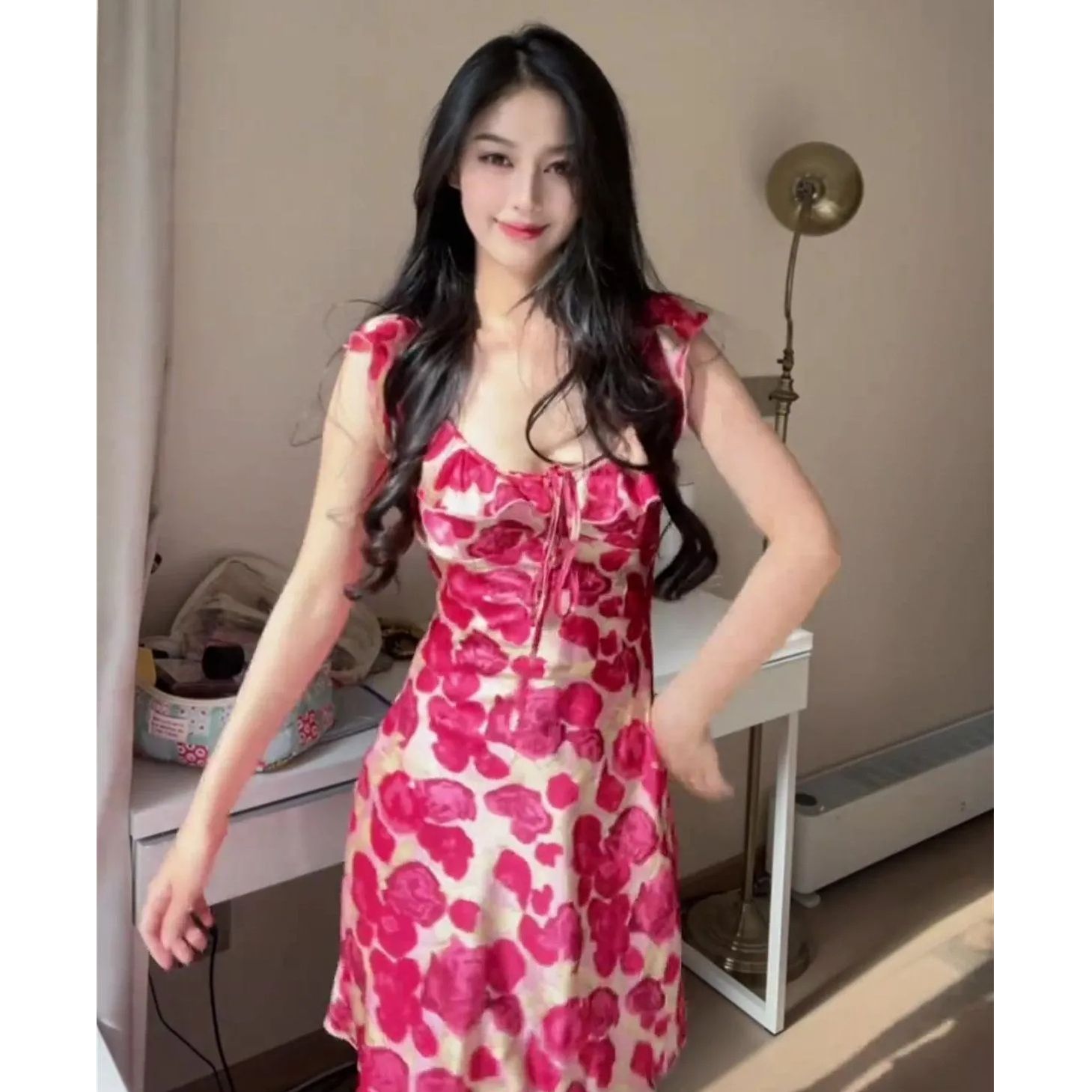 프랑스식 광장 칼라 핑크색 꽃무늬 슬립 여성 드레스 여름 섹시함 아름다운 품격 허리 수축 프릴 짧은 치마