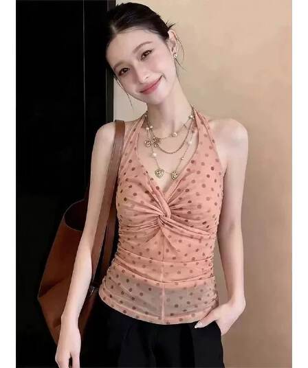 프랑스식 달콤한 스타일 도트 무늬 V넥 비틀림 캐미솔 여름 몸매 가꾸기 슬림해 보이는 고유 한 Chic 민소매 맨위