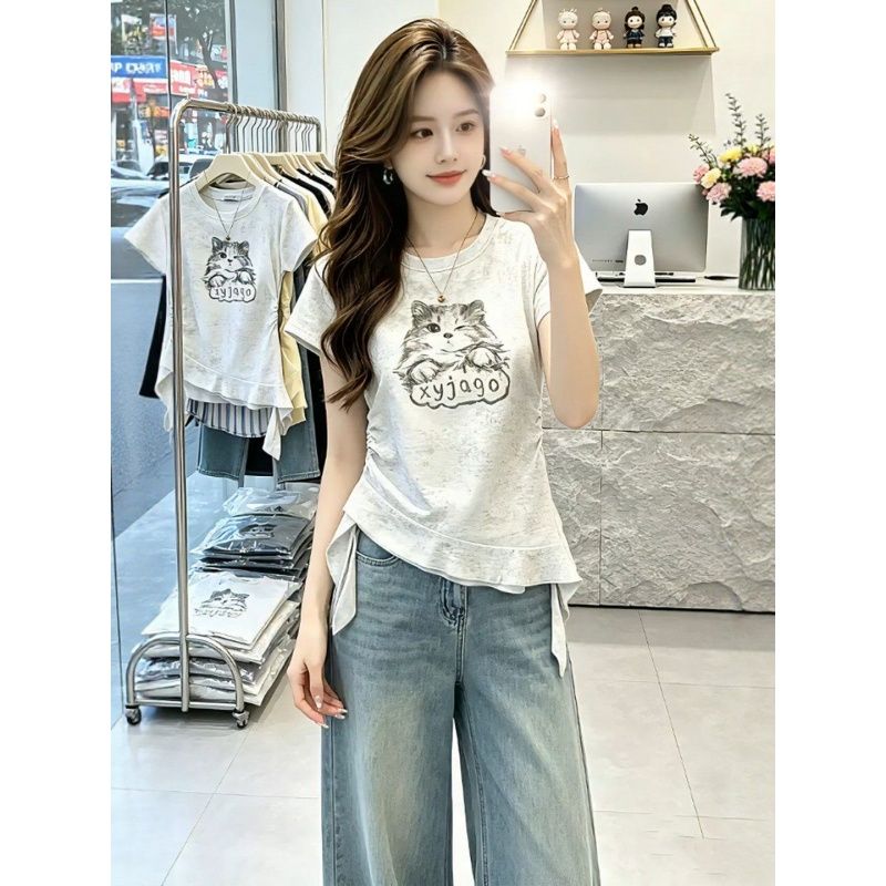 원본 품질 사람들 면 260 그램 홀치기 염색 키티 반팔 꼬집기 허리 몸매 가꾸기 슬림해 보이는 홀치기 염색 티셔츠 맨위 여성