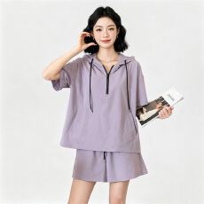 批发休闲短袖T恤半拉链连帽上衣加修身显瘦宽松运动短<b class='q'>裤</b>两件套套<b class='q'>装</b>