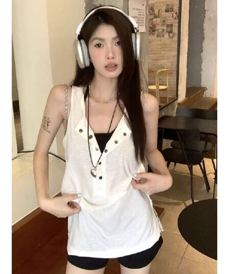 느긋한 바람 단추 민소매 캐미솔 화이트 몸매 가꾸기 중간 길이