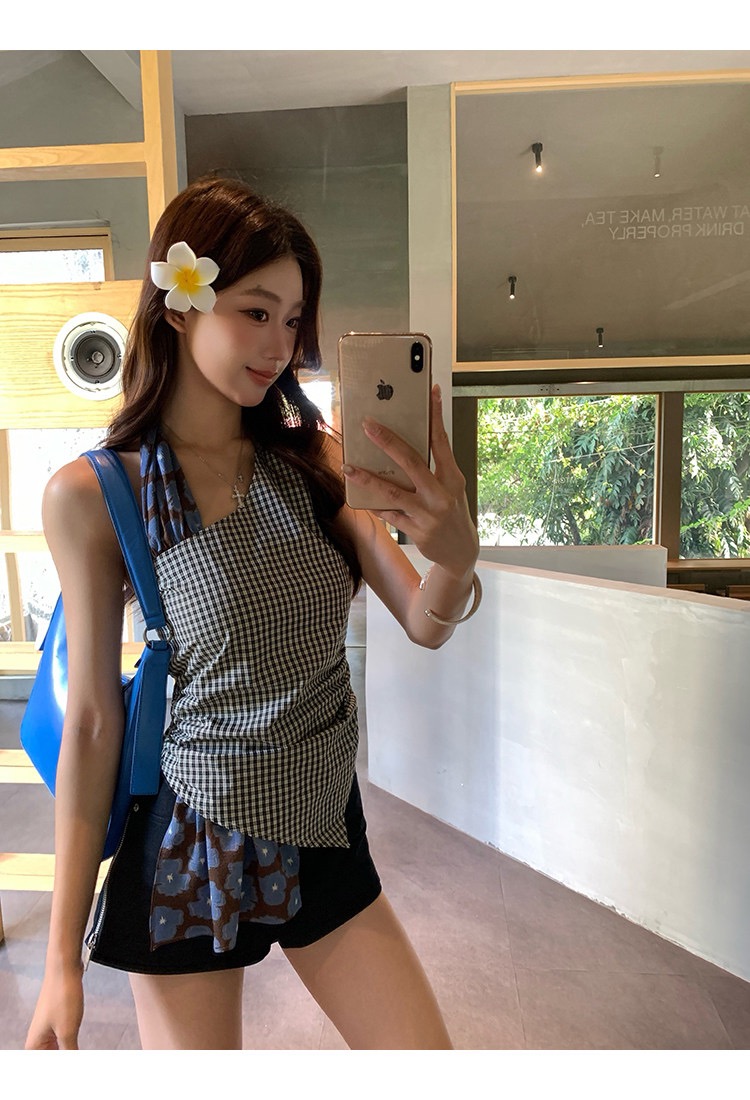 캐미솔 여름 외출용 아름다움 뒤로 체크무늬 디자인 센스 고유 한 아름다운 몸매 가꾸기 민소매 행침 목 작은 대중 맨위