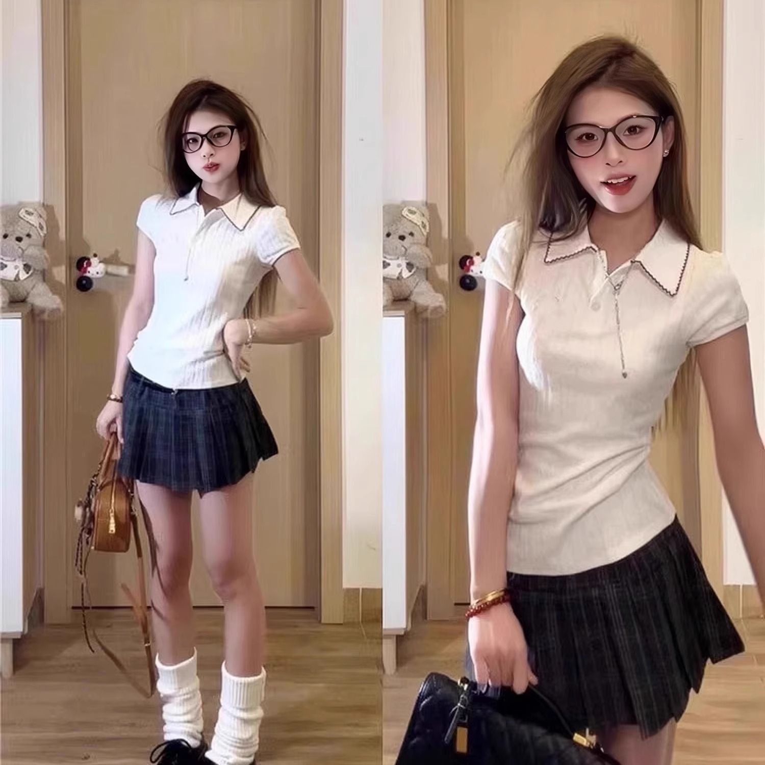 화이트 POLO 칼라 반팔 티셔츠 여성 여름 2026 새로운 일본식 레트로 학원 스타일 몸매 가꾸기 슬림해 보이는 맨위 트렌디