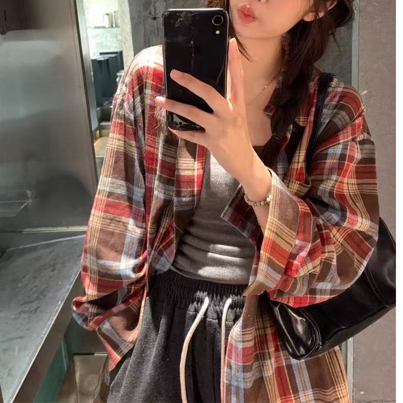 원본 품질 2026 봄 가을 여성 한국 스타일 레트로 홍콩 느낌 POLO 칼라 학생 체크무늬 루즈핏 재킷 셔츠
