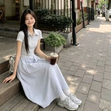 批发奶蓝polo领连衣裙女夏装收腰绑带大摆长裙超显白温柔风气质裙子女