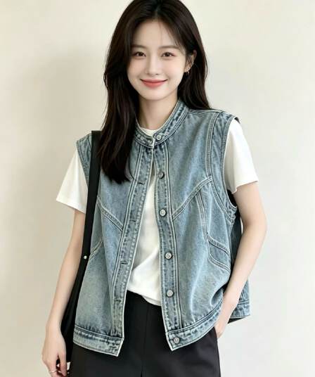 슈퍼 잘 생긴 패션 데님 조끼 여자 세련된 외국 가스 2026 봄 새로운 다용도 어깨 조끼 자켓 맨위