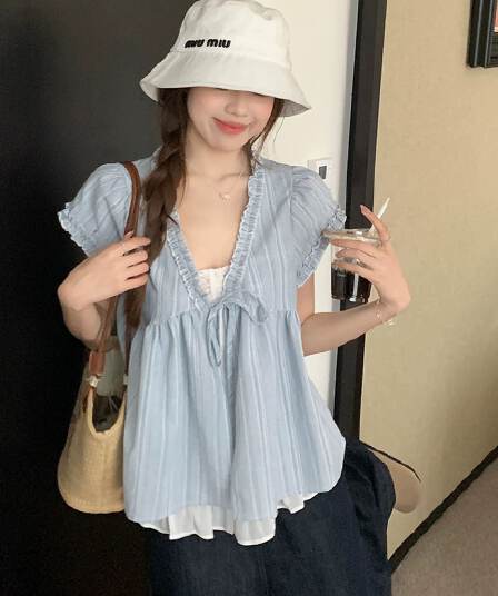 우 77 루즈핏 한국 스타일 페이크 레이어드 반팔 파란색 인형 셔츠 V 넥 셔츠 프릴 레이스업 디자인 센스 맨위