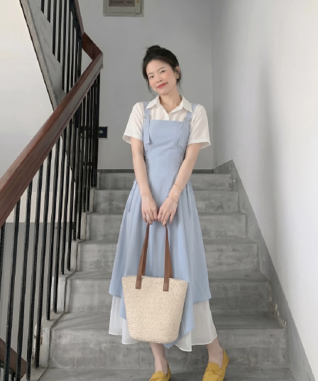 프랑스식 하늘색 점프 슈트 치마 세트 여성 여름 2026 자이언트 잘 생긴 꼬집기 허리 불규칙 롱 스커트 아름다운 멜빵 스커트