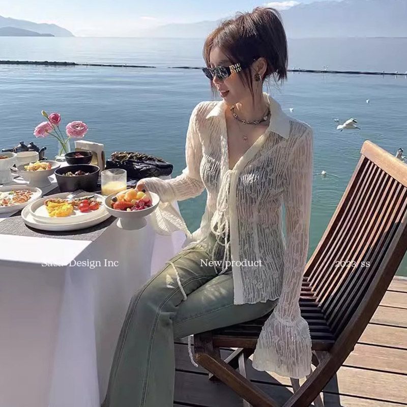 자외선 차단 의류 여성 여름 새로운 자카드 홀로우 아웃 나팔 소매 달콤한 핫걸 오픈 가디건 풍속 건조한 에어컨 셔츠