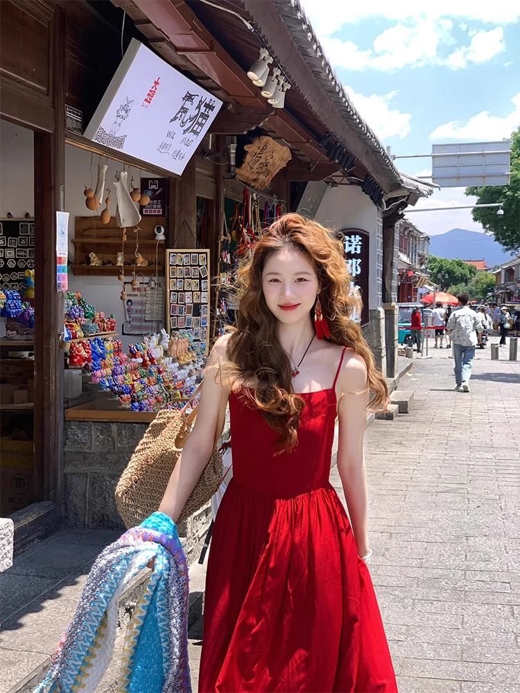 운남 달리 착용 가져 가라. 프랑스식 빨간색 슬립 여성 드레스 섹시함 백리스 적합한 해변가 휴가 사진 찍기 치마