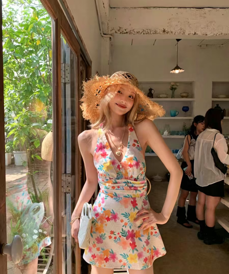 모네 뒷 정원 도파민 행침 목 여성 드레스 여름 새로운 태국 삼아 해변가 휴가 꽃무늬 슬립 드레스