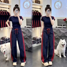 批发夏季新款韩版洋气<b class='q'>运动服</b>套装女薄款短袖圆领T恤直筒裤<b class='q'>大码</b>两件套