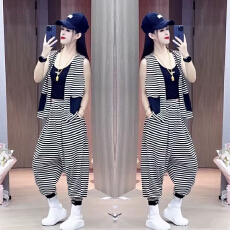 批发色织条珠地条纹时尚<b class='q'>套装</b>女夏季新款马甲<b class='q'>哈伦裤</b>休闲宽