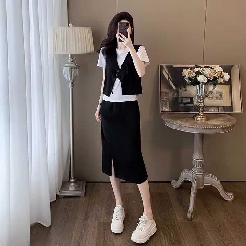 모방 면 사선 무늬 당겨 프레임 디자인 센스 여름 새로운 패션 캐주얼 세트 드레스 여성 슬림해 보이는 베스트 티셔츠 3종 세트