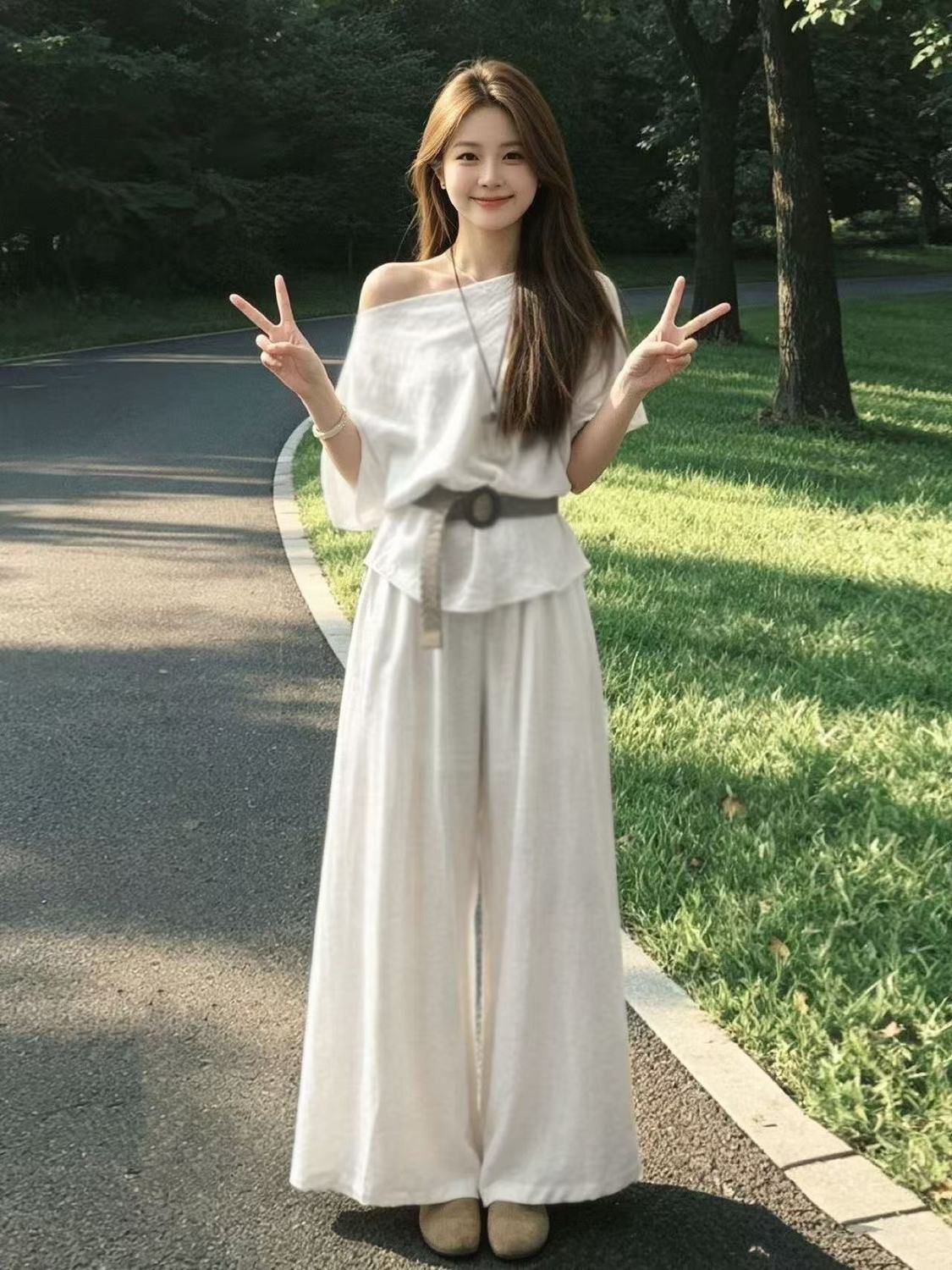 한 부서 자이언트 잘 생긴 ootd 착용 가져 가라. 전체 집합 2026 새로운 여성 비스듬한 어깨 의류 와이드 레그 팬츠 세트 945