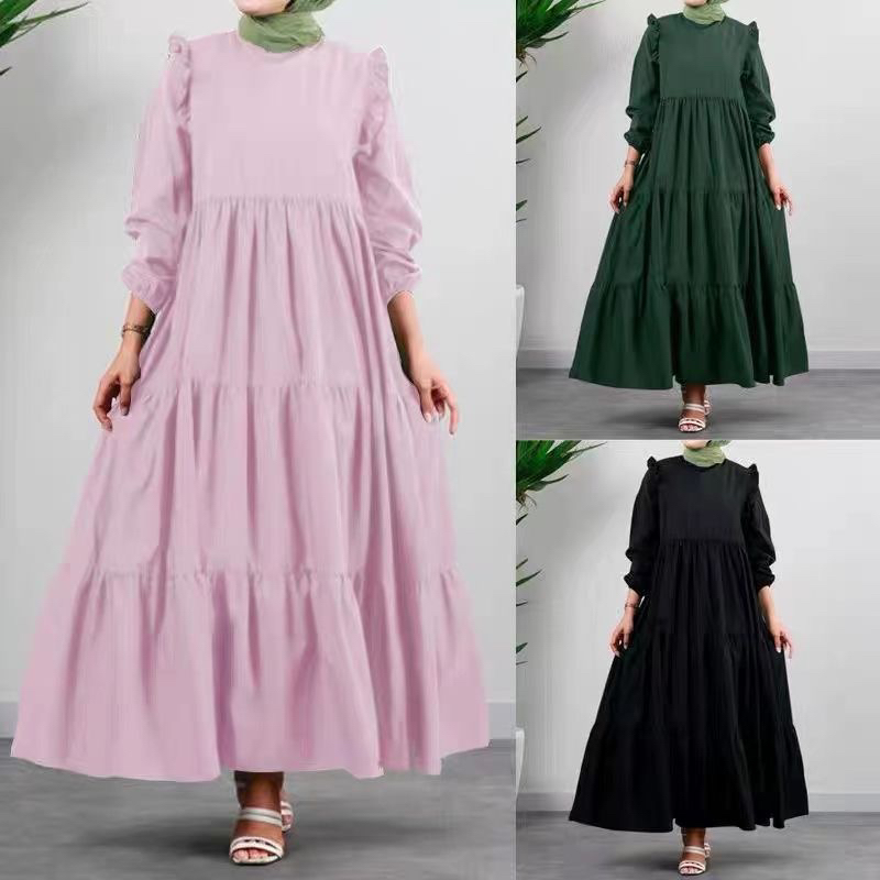 m--4xl 국경 간 문예 품격 AliExpress 레트로 라운드 넥 긴팔 여성 의류 드레스 롱 스커트