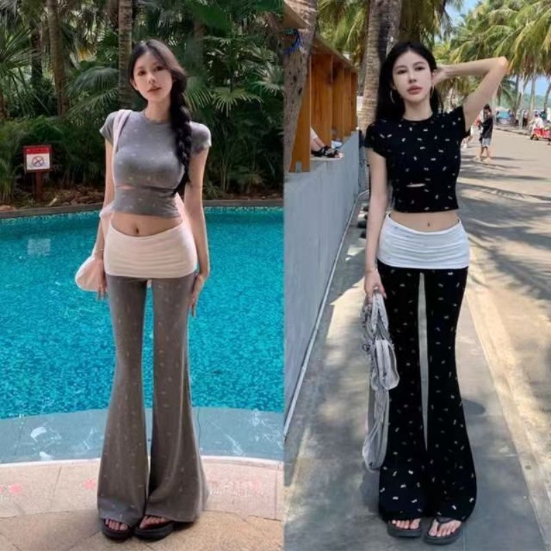 봄 새로운 달콤한 핫걸 나비 매듭 세트 여성 홀로우 아웃 반팔 티셔츠 배색 패치워크 부츠컷 긴 바지 투피스 세트