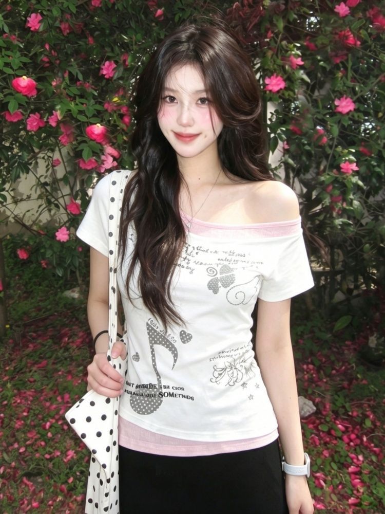 210 그램 40 순면 참고 만화 프린트 페이크 레이어드 반팔 티셔츠 여성 몸매 가꾸기 맨위