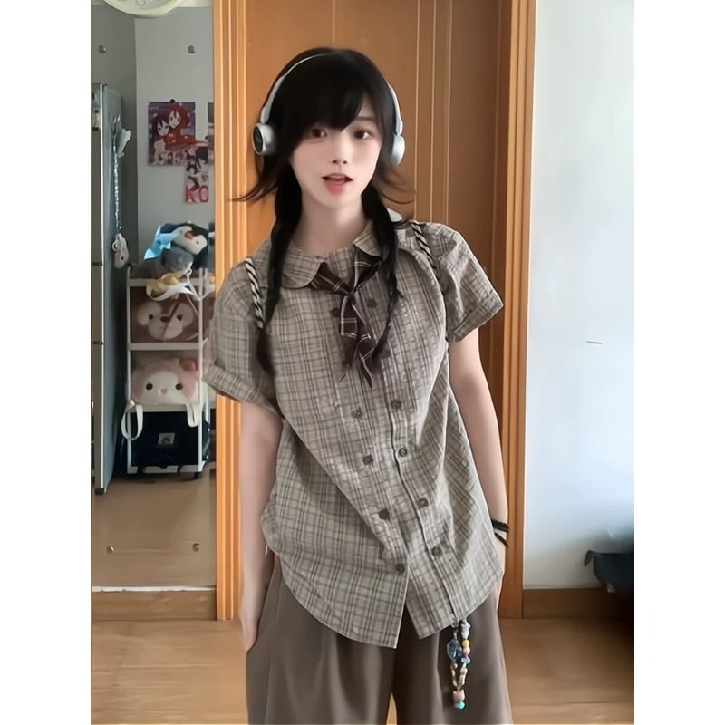 일본식 레트로 캐주얼 반팔 셔츠 2026 새로운 여성 여름 작은 키 고급 센스 착용 가져 가라. 체크무늬 셔츠 트렌디