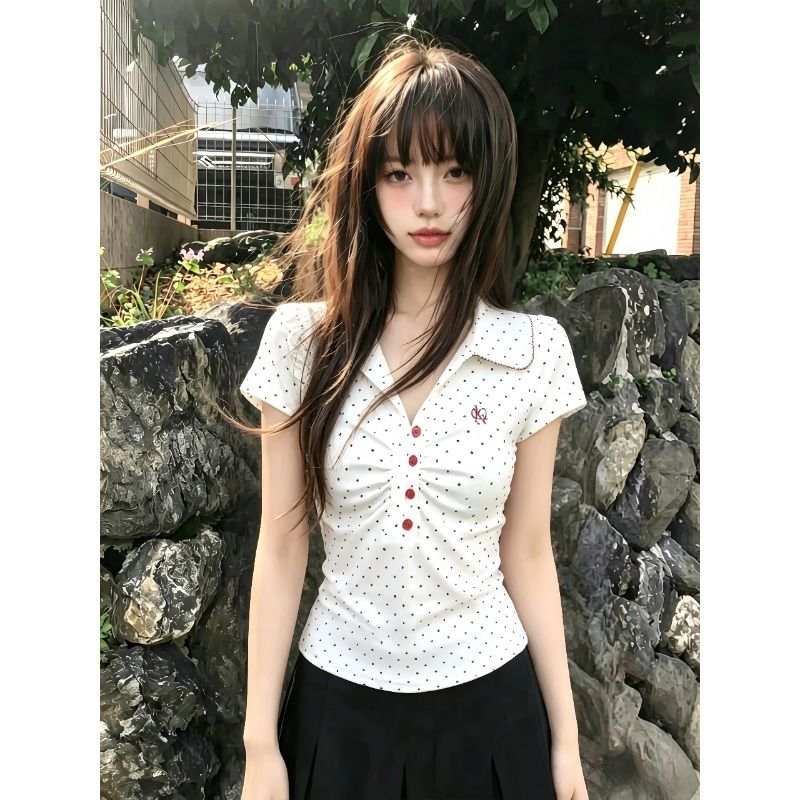 원본 자카드 한 부서 도트 무늬 폴로 칼라 반팔 티셔츠 여성 여름 단추 허리 수축 디자인 센스 핫걸 맨위
