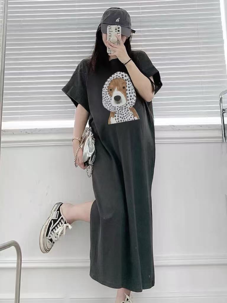 재미있는 프린트 한국 스타일 ins 스트레이트 치마 다용도 반팔 드레스 Feifei 소매