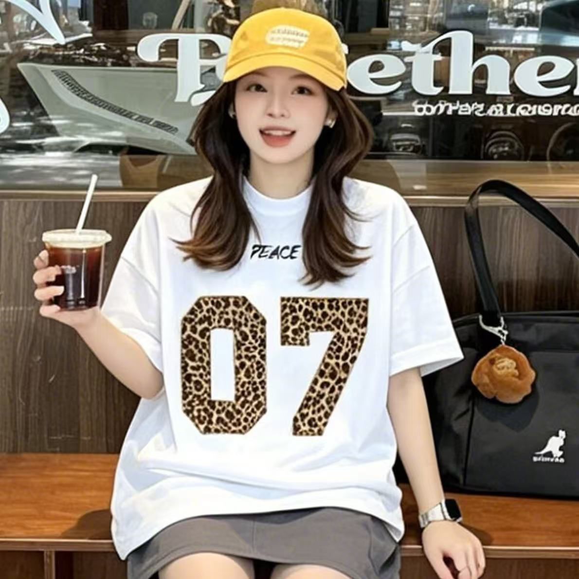 21 순면 면 빗질하다 닫기 라운드 넥 프린트 반팔 티셔츠 여성