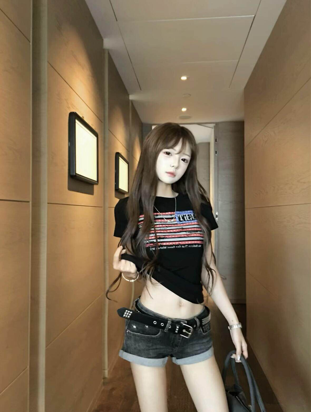 아메리칸 레트로 긍정적 인 어깨 라운드 넥 프린트 쇼트 스타일 반팔 티셔츠