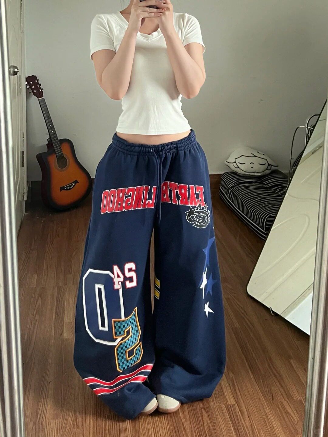 아메리칸 레트로 트렌드 캐주얼 운동 와이드 레그 팬츠 여름 학생 루즈핏 다용도 바닥 청소 긴 바지