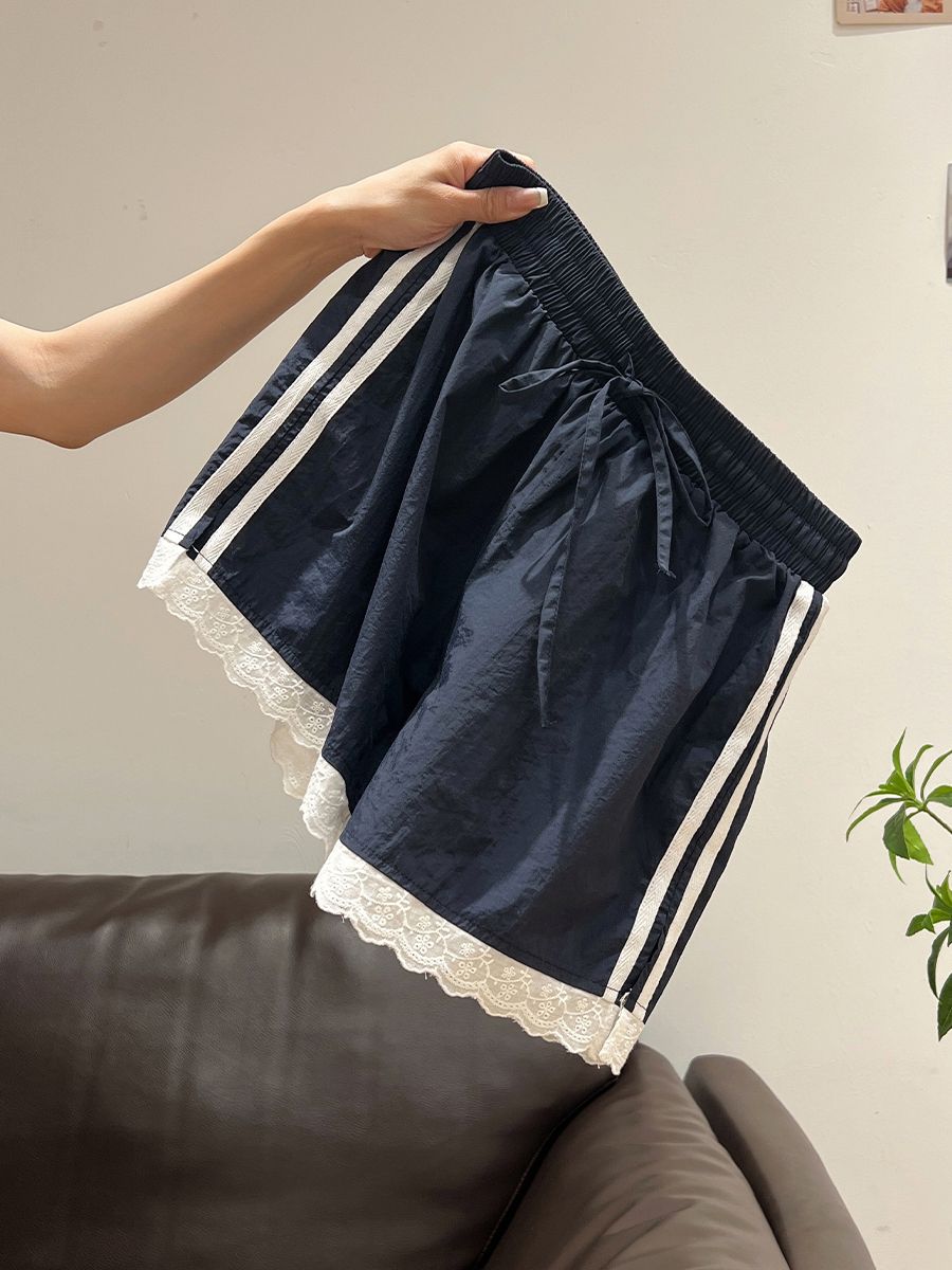 원본 원단 블루 색상 디자인 센스 여성 레저 다용도 허리밴드 레이스 조각 레이스 짧은 바지
