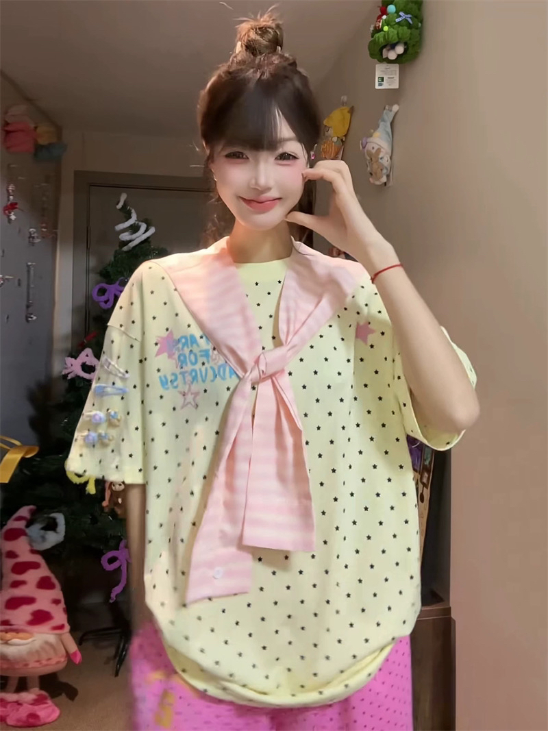 도트 무늬 전체 인쇄 알파벳 스트라이프 숄 반팔 티셔츠 여성 여름 한 부서 도파민 디자인 섹션 루즈핏 맨위 트렌디