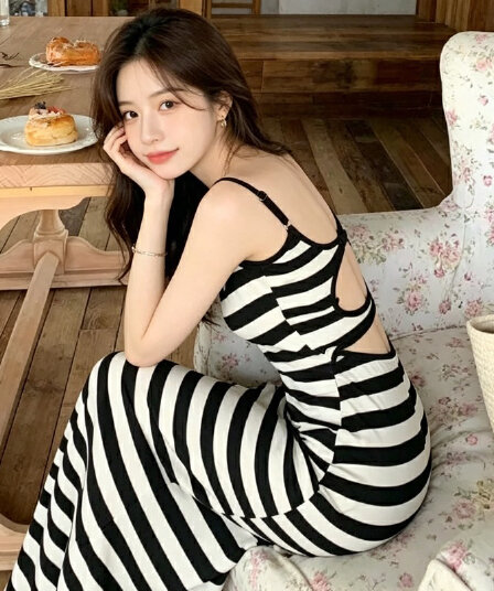 배색 스트라이프 작은 심장 기계 섹시함 슬립 드레스 대 백리스 하이웨이스트 품격 수리 뒤에 트임