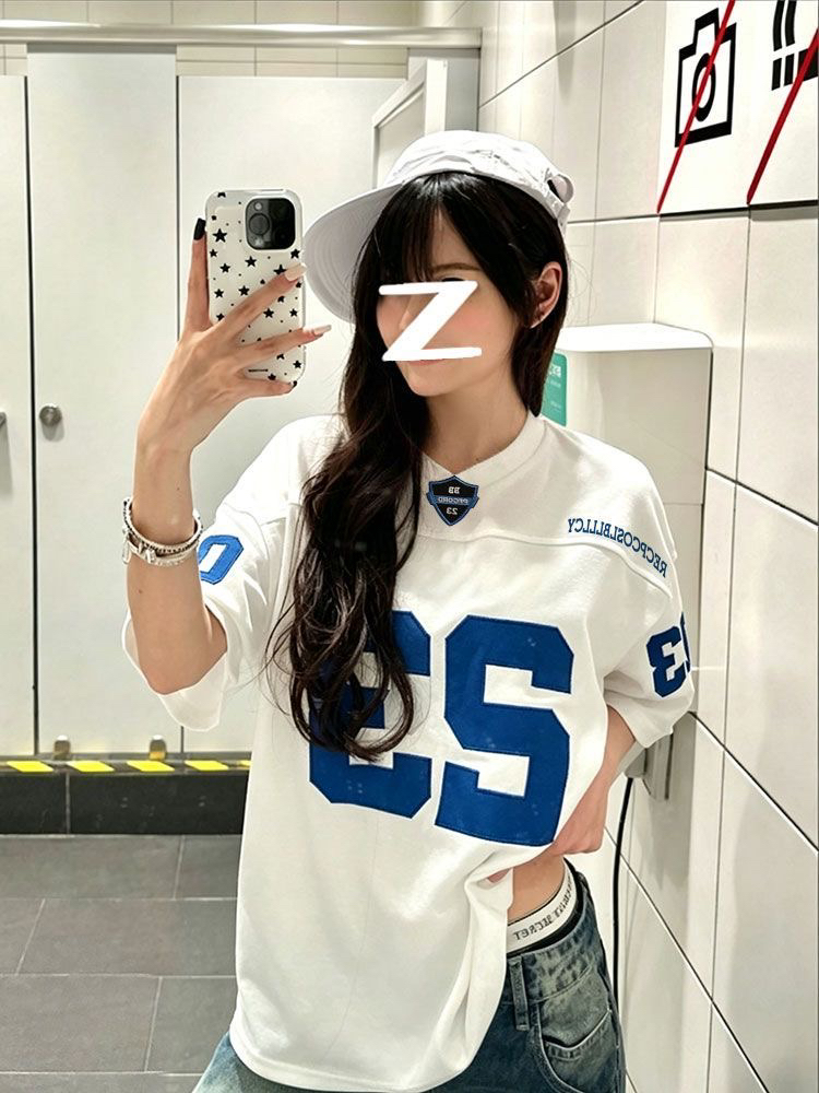 아메리칸 레트로 저지 반팔 티셔츠 남녀 여름 새로운 V넥 배색 숫자 루즈핏 맨위 트렌디