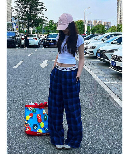 아메리칸 레트로 허리 머리 패치워크 파란색 체크무늬 바지 남녀 새로운 체크무늬 루즈핏 다용도 슬림해 보이는 스트레이트 긴 바지 트렌디