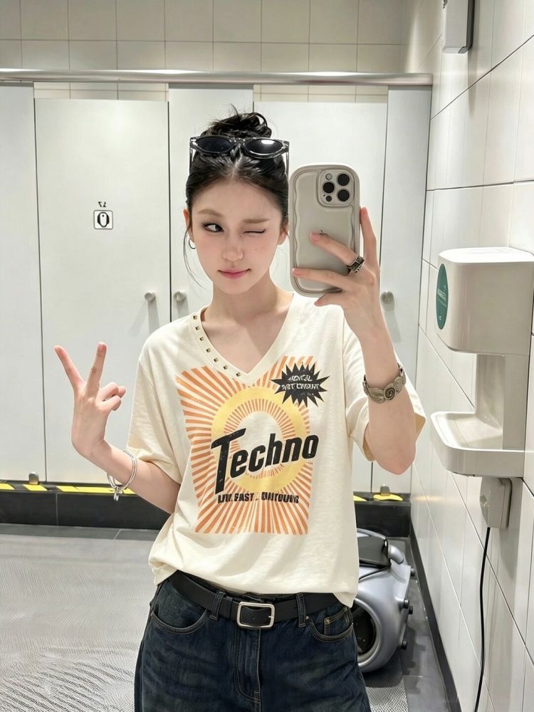 순면 대나무 마디 y2k V넥 징 프린트 반팔 티셔츠 여성 슬림해 보이는 맨위