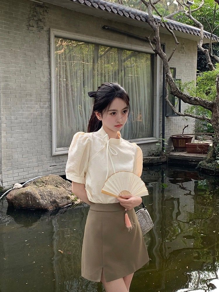 중식 국풍 맨위 빛 요리 한 바람 반팔 여성 셔츠 여름 복잡한 고대 국가 트렌디 민족 새로운 치파오 개선 레이스업