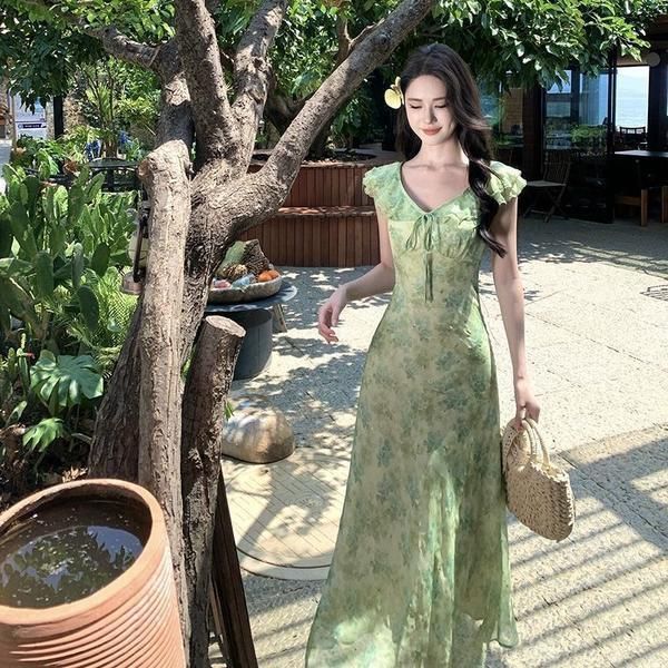 프랑스식 녹색 작은 날다 소매 꽃무늬 드레스 아이들 여름