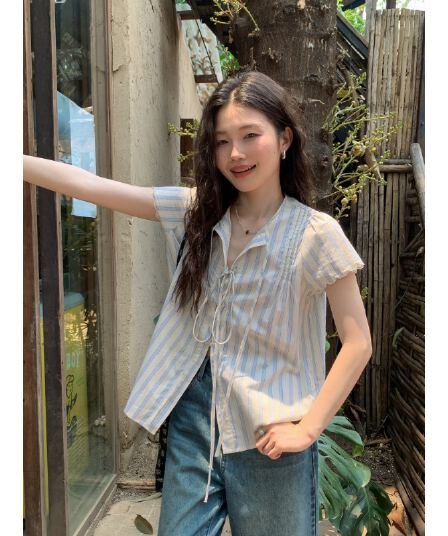 원본 셔틀 제직 기사 스트라이프 반팔 여성 셔츠 여름 자이언트 잘 생긴 레이스업 셔츠 한 부서 여름 작은 셔츠