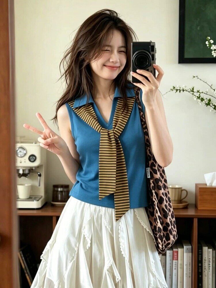 260 그램 사람들 면 모달 스트라이프 스트랩 패치워크 민소매 캐미솔 몸매 가꾸기 맨위