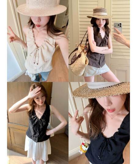 원본 품질 네리 디자인 센스 펌프 로프 비즈 핀치 Pleat 조끼 쇼트 스타일 베스트 조끼 여성 여름
